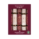 Harvey & Mason pack of ten Christmas crackers featuring elegant burgundy and cream designs with holly leaves, berries, pinecones and gold ‘Joy’ script, complete with gifts, hats, mottos and snaps.