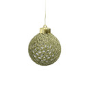 Green textured bauble Christmas tree decoration with a woven-effect finish and gold hanging cap.