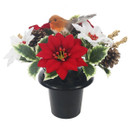 Artificial Christmas grave pot arrangement featuring red and white poinsettias, holly-effect foliage, pine cones and gold berry accents, finished with a decorative robin bird. Presented in a black memorial pot for festive cemetery and remembrance displays.