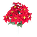 Artificial red poinsettia flower bush with multiple velvet-look blooms, yellow centres and green foliage. Festive faux Christmas floral spray ideal for seasonal arrangements, wreaths, grave pots and holiday home décor.