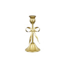 Gold metal candlestick holder with a decorative bow detail and satin-effect finish.