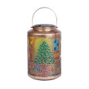 Decorative Christmas lantern featuring a stained glass-effect Christmas tree, presents and festive interior scene with antique bronze finish on a white background.