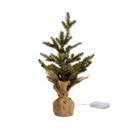 Mini artificial Christmas tree with natural-look green foliage, hessian fabric base cover and battery pack, perfect for tabletops, shelves and seasonal decorations.