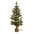 Battery-operated artificial Christmas tree with realistic green branches, warm white pre-lit LEDs, hessian-wrapped base and compact tabletop design for festive indoor decorating.
