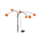 Battery-operated Halloween pumpkin garden light stake featuring six orange jack-o'-lantern lights on adjustable stems with ground spike and battery pack, isolated on a white background.