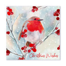 Christmas card featuring a robin perched among winter berries.