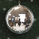 Silver mirrored disco ball hanging from a metal chain, featuring reflective mosaic tiles and a classic retro party décor design on a light background.
