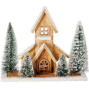 Rustic wooden Christmas church ornament with snow-dusted miniature trees and frosted roof accents, ideal for festive village displays and seasonal home décor.