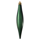 Matte dark green elongated Christmas bauble ornament with a smooth finish and gold hanging cap, ideal for modern Christmas tree décor.