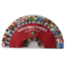Set of Christmas-themed pencils with festive character eraser toppers, including Santa, snowmen, reindeer, Christmas trees and snowflakes, presented in a gift-ready display pack.
