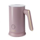 Angled view of the Salter Chocolatier pink milk frother featuring one-touch controls, clear lid and gold-tone handle detail.