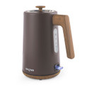 Angled side view of the Salter Toronto rapid boil kettle with matte brown finish, wood-effect accents and 1.7L capacity water gauge.