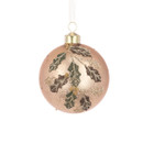 Sophisticated glass bauble with a soft champagne finish, featuring glittered oak leaves and acorn details.