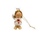 Ceramic angel Christmas tree decoration featuring a smiling figure with brown pigtails, white wings, and a white dress decorated with red hearts, holding a red heart in both hands and hanging from a natural twine loop.