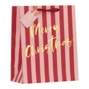 Medium Christmas gift bag with bold pink and burgundy vertical stripes, metallic gold “Merry Christmas” lettering, burgundy ribbon handles and matching gift tag.