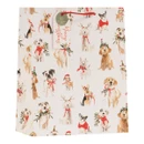 Large Christmas gift bag with assorted dog breeds dressed in festive Christmas accessories, including scarves, holly wreaths and Santa hats, finished with a matching gift tag and red rope handles.