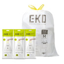 Three packs of EKO extra strong M-size drawstring bin liners alongside a 35–40 litre waste bag, suitable for household and recycling bins.