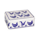 Deep rectangular storage tin shown against a plain background. The cream-coloured tin features navy blue hen and cockerel motifs around the sides and lid, with a matching farmhouse-inspired design.