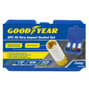 Goodyear 3-piece Hi-Torq deep impact socket set in protective case, featuring colour-coded 17mm, 19mm and 21mm sockets with nylon protection for alloy wheels.