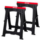 Pair of Dekton folding sawhorses with durable black plastic frames and red non-slip tops, suitable for woodworking, DIY projects and workshop support.