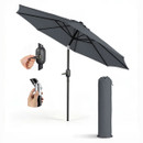 Grey tilting parasol with crank handle, adjustable pole mechanism, and matching storage cover.