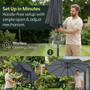 Step-by-step assembly and opening process for grey garden parasol with easy adjustment mechanism.