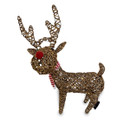 Woven rattan reindeer decoration with a red pom-pom nose and striped scarf.