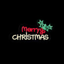 LED Merry Christmas window light featuring bright red and white lettering with green holly leaves and red berries, ideal for festive indoor Christmas window and home decorations.