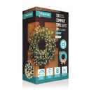 Product packaging for Premier 120 Battery Operated Compact Timelights, featuring 120 warm white LED lights on a 3-metre green cable with timer, memory functions and indoor/outdoor use, ideal for Christmas wreaths and garlands.