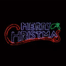 Illuminated "Merry Christmas" LED sign featuring festive red and white lettering with candy cane accents and holly leaves, ideal for Christmas window displays and seasonal home décor, isolated on a black background.