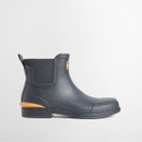 Navy Chelsea wellington boot with black elastic side panels, a pull tab, and a low-profile sole with an orange heel accent.