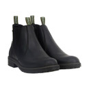 Pair of Barbour Embleton Chelsea boots in black leather with elastic side panels, branded heel pull tabs, contrast stitching, and black rugged rubber soles, shown from a front three-quarter angle on a white background.