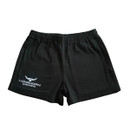 Adult black shearing shorts with an elastic waistband and a white "Longhorn Shearing" logo with a longhorn graphic on the lower left leg. Shown laid flat against a white background.