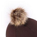 Close-up of the faux fur pom pom on the Aubrion espresso riding helmet silk.