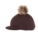 Opposite side view of Aubrion espresso riding helmet silk with faux fur pom pom and smooth stretch fabric.