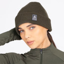 Soft rib knit beanie in versatile khaki with a deep turn-up cuff and signature Aubrion rubber badge for everyday warmth and style.