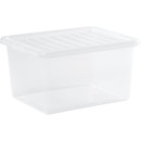 Wham 37L Clear Plastic Storage Box with Lid shown at an angled front view, featuring a translucent design and secure-fitting lid for household storage.