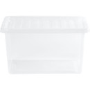 Wham 37L Clear Plastic Storage Box with Lid shown from the side, displaying the deep rectangular design and translucent finish.