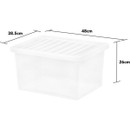 Wham 37L Clear Plastic Storage Box with Lid with dimensions illustrated, measuring 48cm x 38.5cm x 26cm.