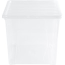 Wham Clear Plastic Storage Box with Lid shown from the side, ideal for storing bedding, clothing, toys and household essentials.