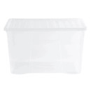 Wham Clear Plastic Storage Box with Lid shown from the front, highlighting the large-capacity translucent design and secure-fitting lid.