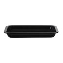 Side profile of the black rectangular enamel roasting tray featuring a low-profile design with deep walls for even cooking.