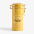 Cartwright & Butler Cheddar & Chilli Shortbread Rounds in a sealed decorative yellow clip-lid tin, isolated on a white background for premium product display.