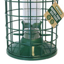 Close-up of the squirrel-proof seed feeder showing the protective metal cage, clear seed tube, feeding ports, perches and sturdy base.