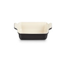 Rectangular stoneware baking dish in a satin black finish with integrated side handles, shown from a front angle.