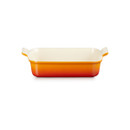 Rectangular stoneware baking dish in a Volcanic finish with integrated side handles, shown from the front.