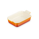 Three-quarter top view of the rectangular stoneware baking dish highlighting the generous cooking surface and signature Volcanic finish.