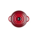 Top-down view of the Le Creuset Cerise stoneware mini round casserole dish with the lid in place, featuring the embossed Le Creuset logo.