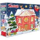 Angled view of the Swizzels Sweet Shop Advent Calendar featuring a colourful festive house design with 24 numbered doors and classic Swizzels sweets for the Christmas countdown.