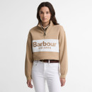 Woman wearing a Barbour women's beige quarter zip sweatshirt with an oversized fit, embroidered logo panel and high funnel neck.